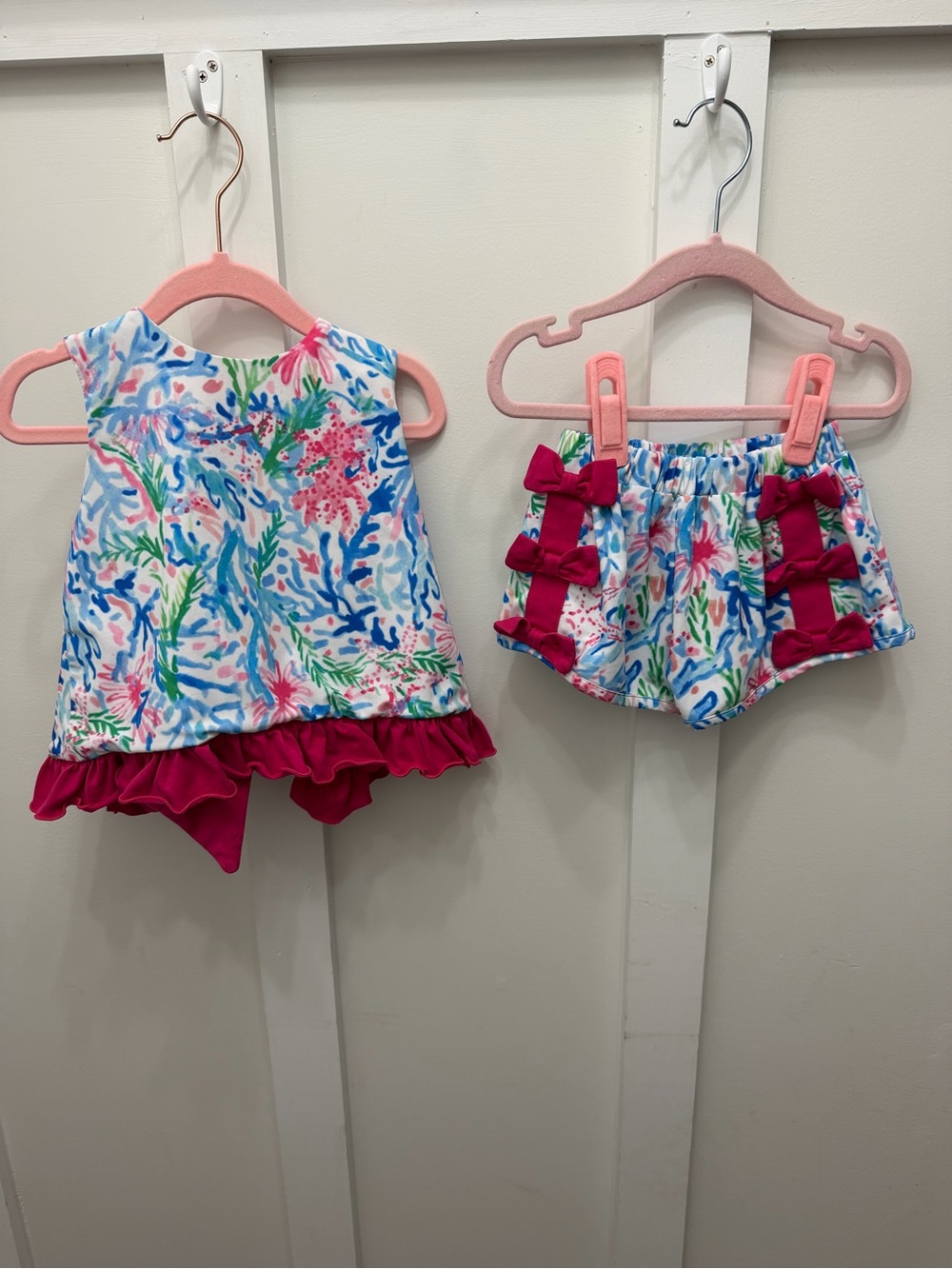 Little Bear Smocks Girls Two-Piece Floral Short Set with Hot Pink Ruffle Accents